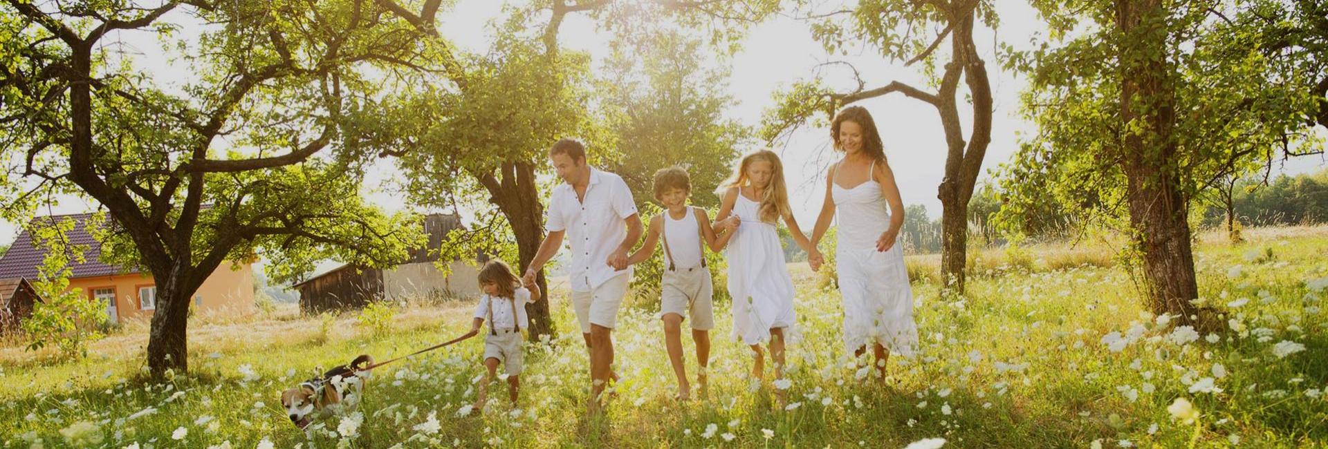 Famiglia felice cammina in un prato fiorito con il cane al guinzaglio.